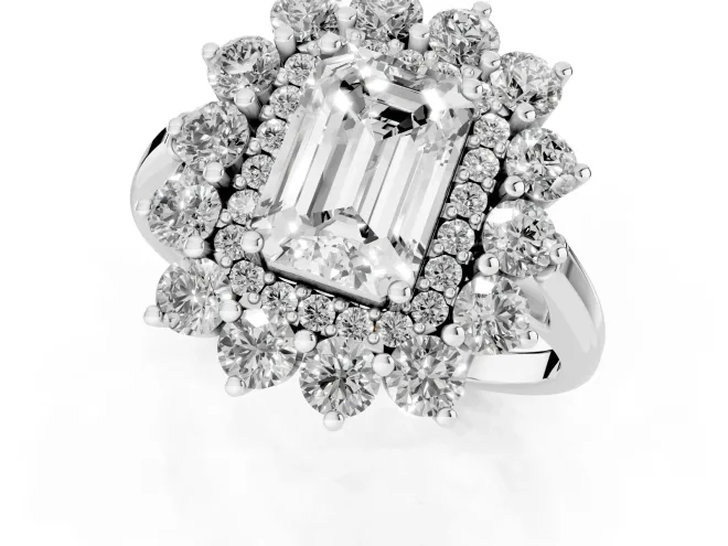Emerald Cut Diamond Floral Double Halo Ring Set in Platinum with Round Petals – second view