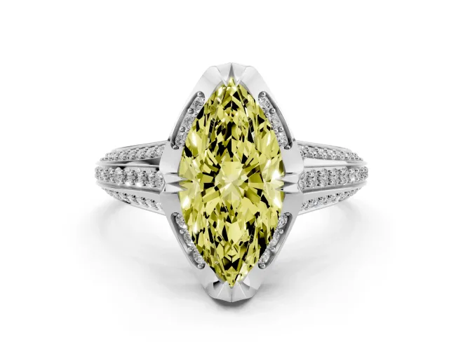 Marquise Hidden Halo Engagement Ring Setting for a Fancy Yellow Lab-Grown Diamond | Triple Row Pavé Band | White Gold