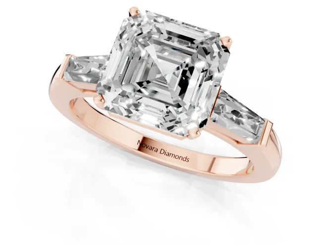 Asscher Cut Diamond Solitaire Ring Set in Rose gold with Tapered Baguette Side Stones and Prong Setting – second view