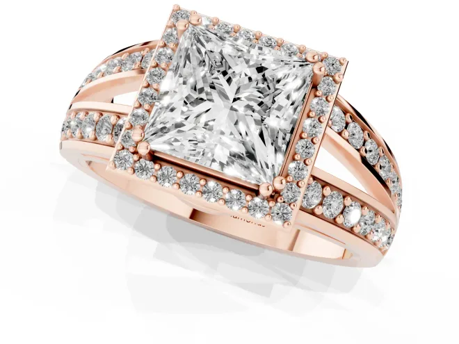 Princess Cut Diamond Halo Ring Set in Rose gold with Double Pavé Split Shank – second view