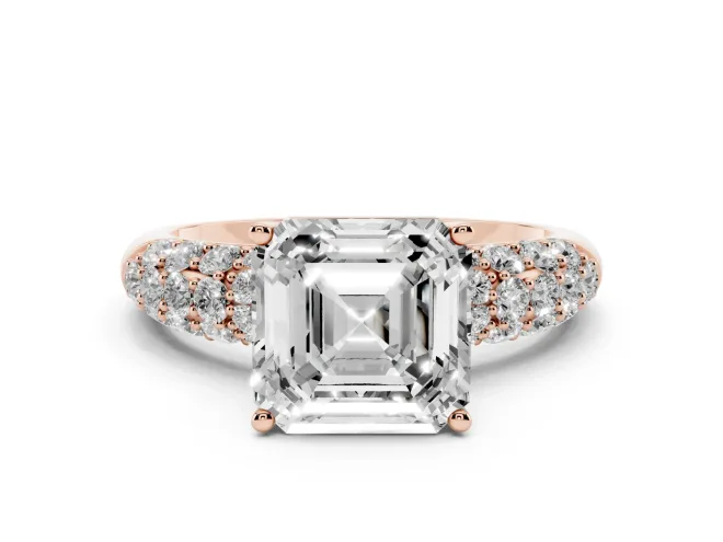 Asscher Cut Multi Row Pavé Solitaire Engagement Ring Setting | Domed Shoulders | Rose Gold