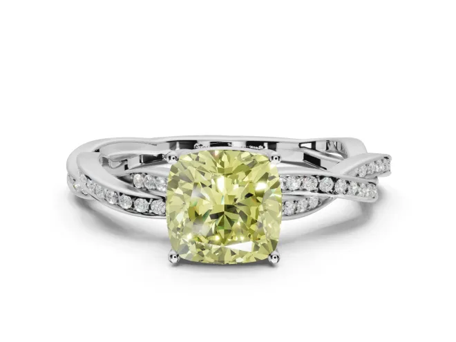 Cushion Cut Twisted Pavé Solitaire Engagement Ring Setting for a Fancy Yellow Lab-Grown Diamond | White Gold
