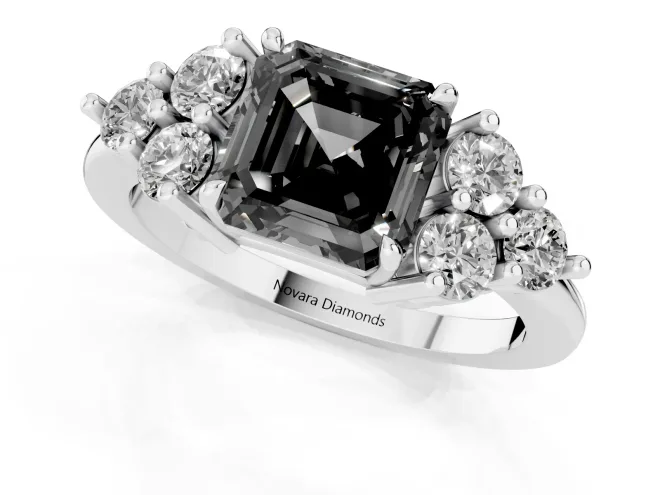 Fancy Black Asscher Cut Diamond Solitaire Ring Set in White gold with Cluster Accents on Each Side – second view