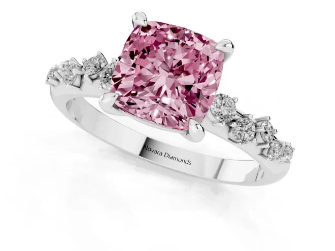 Fancy Pink Cushion Cut Diamond Solitaire Vine Band Ring Set in White gold with Round Accents and Prong Setting – second view