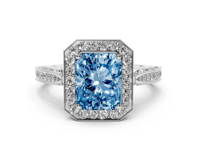 Fancy Blue Radiant Cut Diamond Halo Engagement Ring Set in Platinum with Accent Split Shank Band