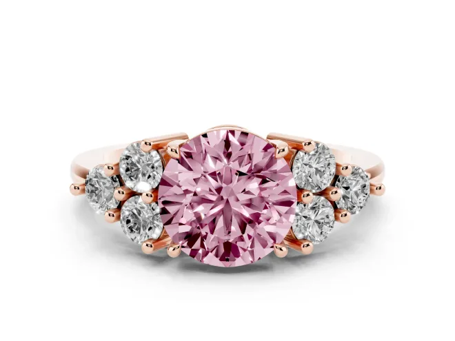 Fancy Pink Round Cut Diamond Solitaire Ring Set in Rose gold with Cluster Accents on Each Side