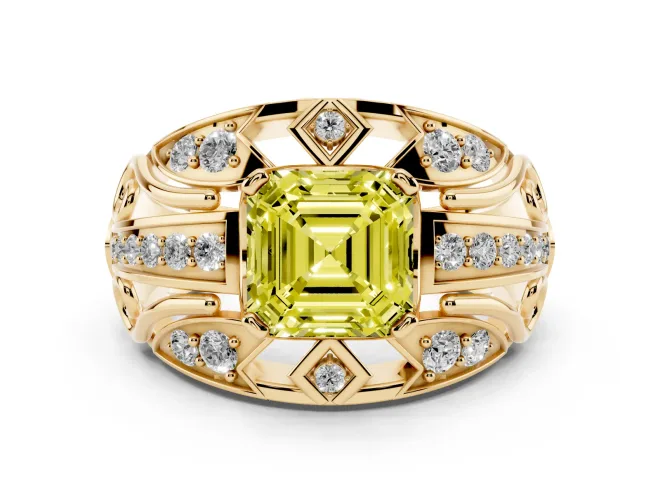 Asscher Cut Art Deco Engagement Ring Setting for a Fancy Yellow Lab-Grown Diamond | Yellow Gold