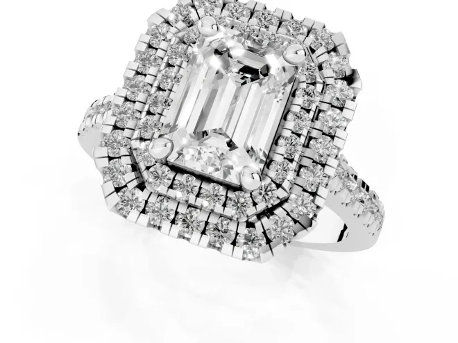 Emerald Cut Diamond Double Halo Statement Ring Set in Platinum with Pavé Band – second view