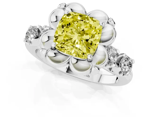 Fancy Yellow Cushion Cut Diamond Floral Halo Ring Set in White gold with Shared Prong Band – second view