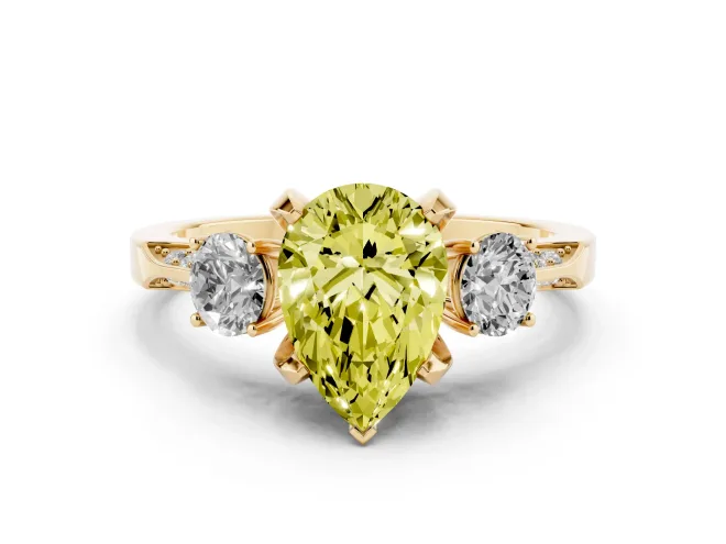 Pear-Shaped Hidden Halo Three Stone Engagement Ring Setting for a Fancy Yellow Lab-Grown Diamond | Yellow Gold