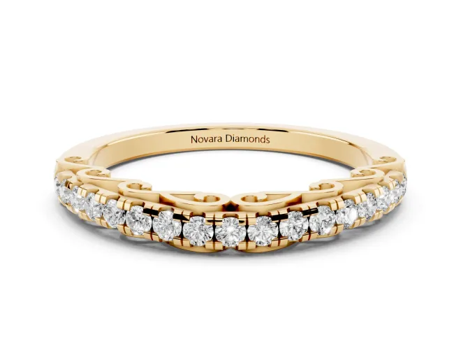 Round Lab-Grown Diamond Shared Prong Half Eternity Wedding Band | Scroll Gallery | Yellow Gold