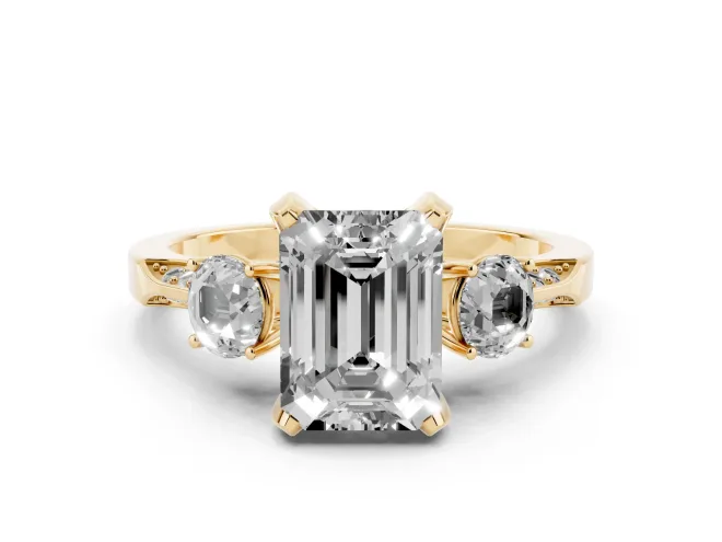 Emerald Cut Hidden Halo Three Stone Engagement Ring Setting | Pave Gallery | Yellow Gold