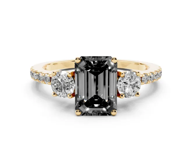 Fancy Black Emerald Cut Diamond Three-Stone Ring Set in Yellow gold with Pavé Band and Graduated Sides