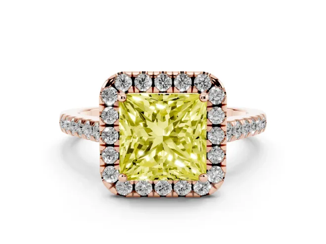 Fancy Yellow Princess Cut Diamond Halo Pavé Engagement Ring Set in Rose gold with Prong Setting
