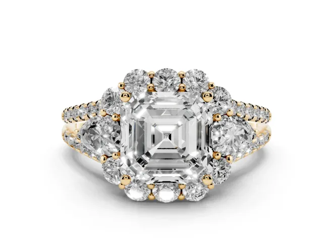Asscher Cut Scalloped Halo Engagement Ring Setting | Pear Side Stones | Yellow Gold