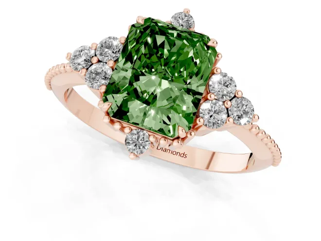 Fancy Green Radiant Cut Diamond Cluster Ring Set in Rose gold with Beaded Band – second view