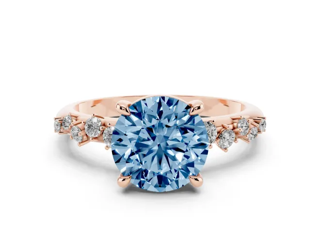 Fancy Blue Round Cut Diamond Solitaire Vine Band Ring Set in Rose gold with Round Accents and Prong Setting