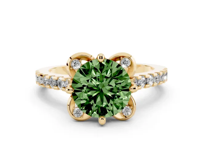 Fancy Green Round Cut Diamond Solitaire Ring Set in Yellow gold with Pavé Band and Floral Prong Setting