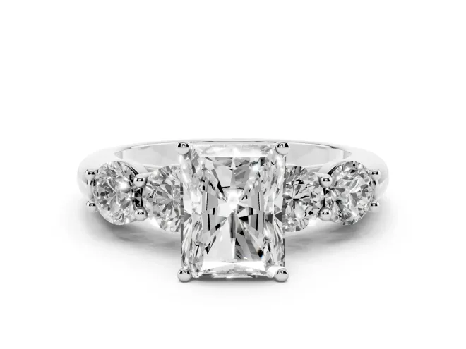 Radiant Cut Diamond Five-Stone Prong Set Ring Set in White gold with Classic Band