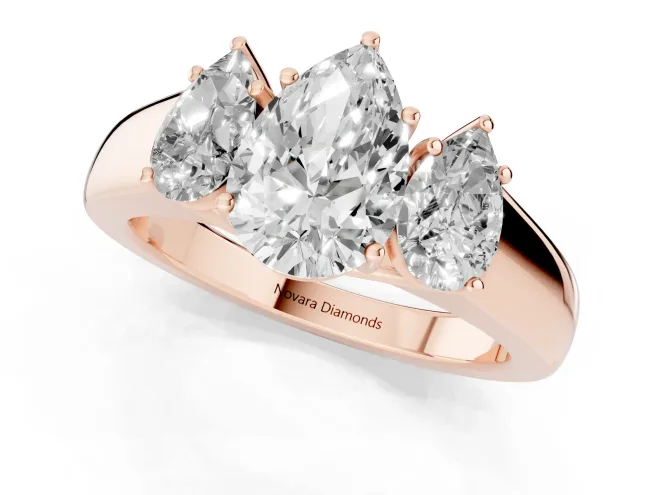 Three-Stone Pear Cut Diamond Ring Set in Rose gold with Matching Prong Settings and Plain Band – second view
