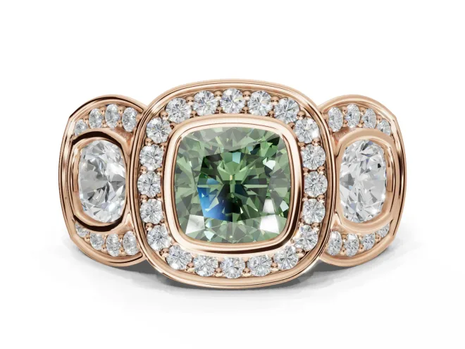 Cushion Cut Three Stone Halo Engagement Ring Setting for a Fancy Green Lab-Grown Diamond | Rose Gold
