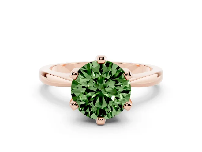 Fancy Green Round Cut Diamond Solitaire Engagement Ring Set in Rose gold with Slim Tapered Solitaire Band