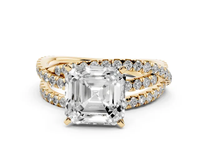 Asscher Cut Twisted Pavé Solitaire Engagement Ring Setting | Three-Strand Band | Yellow Gold