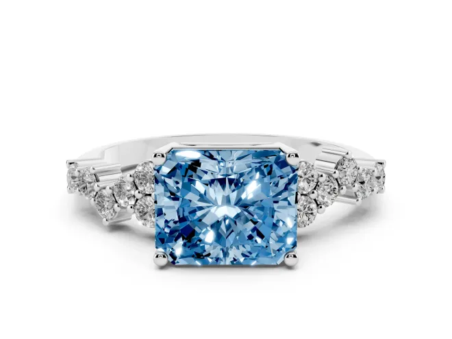 Fancy Blue Radiant Cut Diamond Ring Set in Platinum with Scattered Round Accents