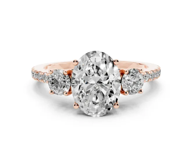 Oval Three Stone Engagement Ring Setting | Pavé Shoulders | Rose Gold