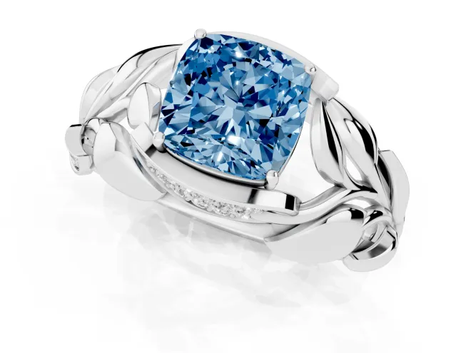 Fancy Blue Cushion Cut Diamond Leaf-Inspired Engagement Ring Set in White gold with Round Accents – second view