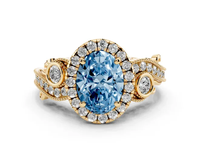 Oval Vintage Halo Engagement Ring Setting for a Fancy Blue Lab-Grown Diamond | Bezel Shoulder Accents | Yellow Gold