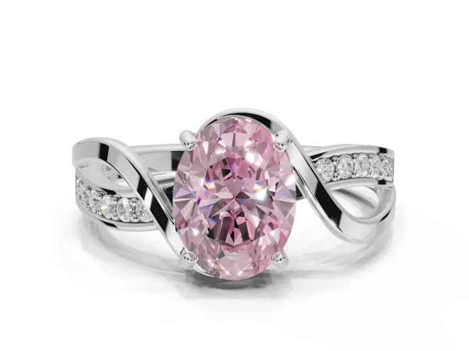 Oval Bypass Solitaire Engagement Ring Setting for a Fancy Pink Lab-Grown Diamond | Pavé Strands | Sterling Silver