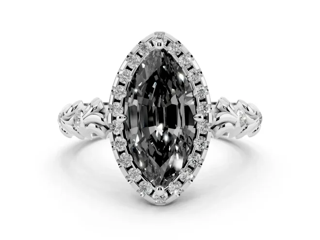 Marquise Leaf Halo Engagement Ring Setting for a Black Center | Bezel Accents | Sterling Silver