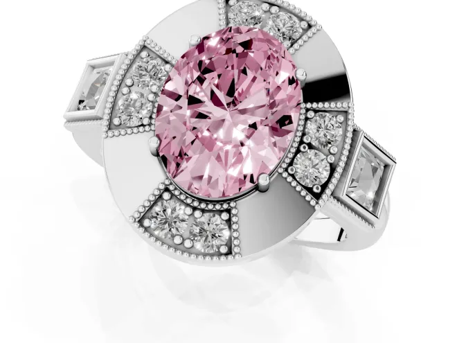 Fancy Pink Oval Cut Diamond Milgrain Halo Ring Set in Silver with Split Shank – second view