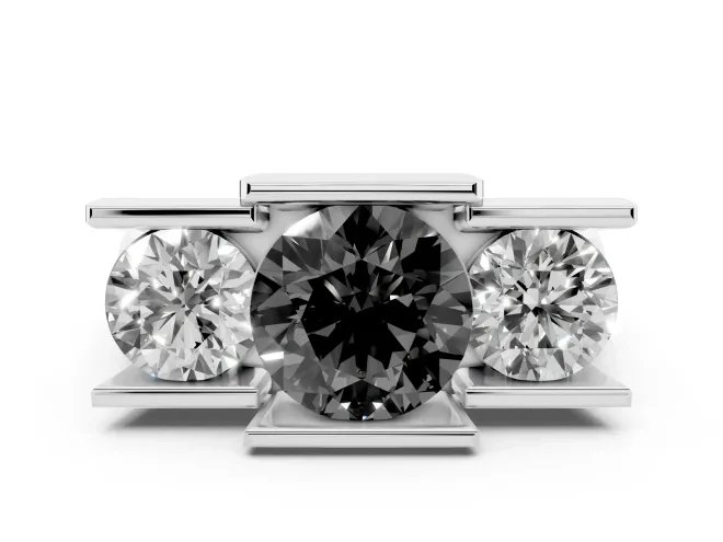 Round Channel-Set Three Stone Engagement Ring Setting for a Black Center | Wide Flat Band | Platinum