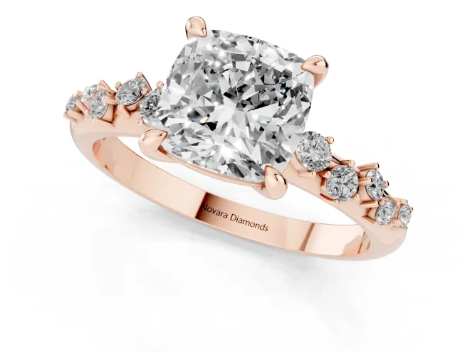 Cushion Cut Diamond Solitaire Vine Band Ring Set in Rose gold with Round Accents and Prong Setting – second view