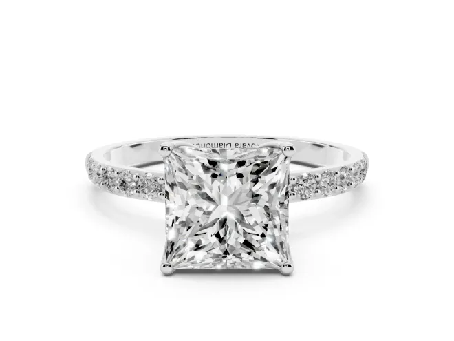 Princess Cut Pavé Solitaire Engagement Ring Setting | Fine Line Pavé Band | White Gold