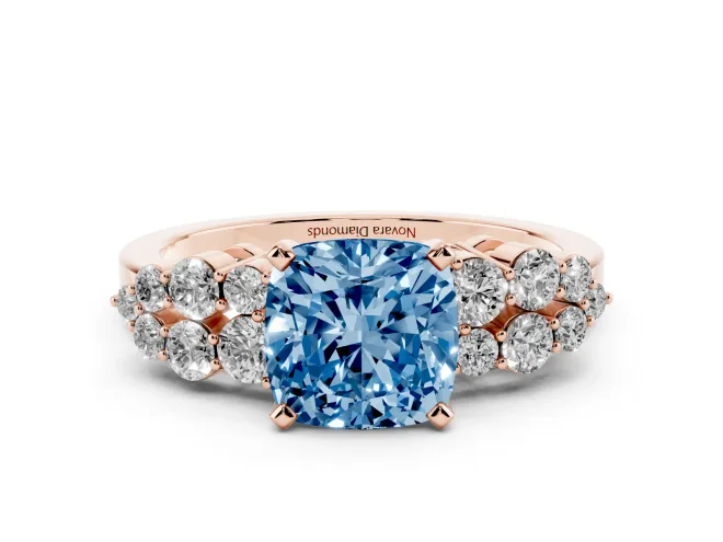 Cushion Cut Side Stone Engagement Ring Setting for a Fancy Blue Lab-Grown Diamond | Shoulder Clusters | Rose Gold