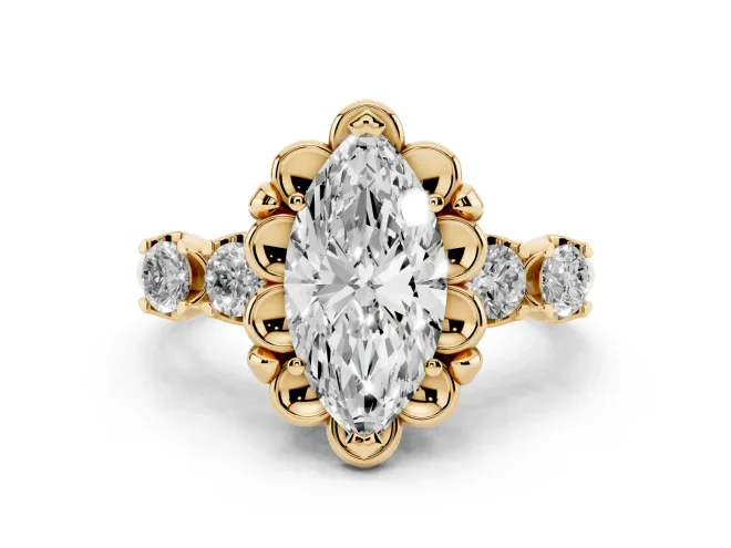 Marquise Floral Engagement Ring Setting | Petal Frame and Side Stones | Yellow Gold