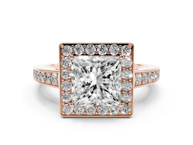 Princess Cut Framed Halo Engagement Ring Setting | Graduated Pavé Band | Rose Gold
