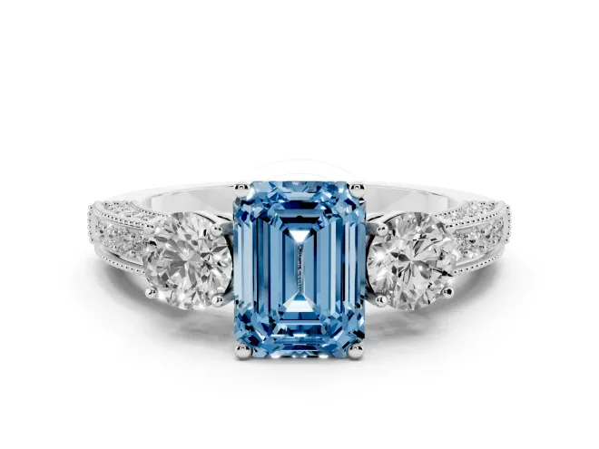Emerald Cut Three Stone Engagement Ring Setting for a Fancy Blue Lab-Grown Diamond | Graduated Pavé Band | Platinum