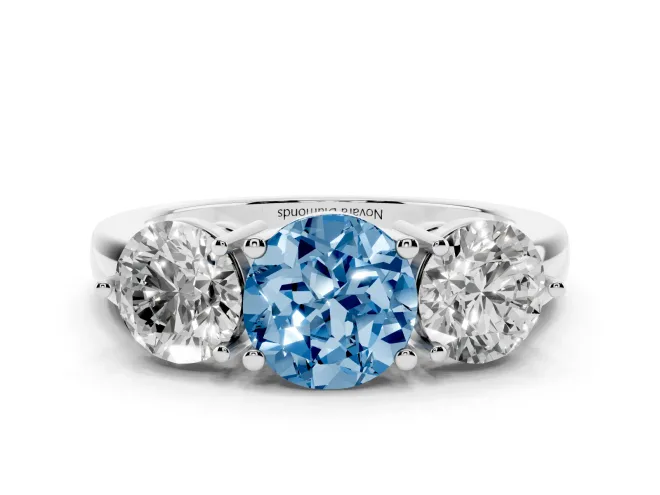 Fancy Blue Round Cut Diamond Three-Stone Ring Set in Platinum with Prong Setting and Plain Band
