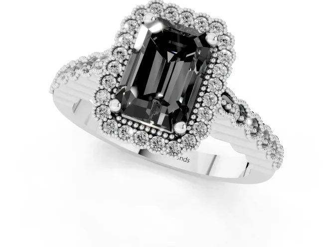 Fancy Black Radiant Cut Diamond Halo Ring Set in Platinum with Pavé Milgrain Band – second view
