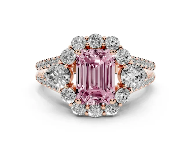Emerald Cut Scalloped Halo Engagement Ring Setting for a Fancy Pink Lab-Grown Diamond | Pear Side Stones | Rose Gold