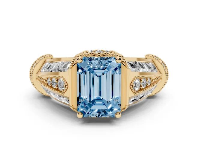 Fancy Blue Emerald Cut Diamond Vintage-Inspired Milgrain Ring Set in Yellow gold with Accent Split Shank