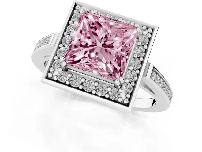 Fancy Pink Princess Cut Diamond Halo Ring Set in Platinum with Accent-Lined Split Shank and Prong Setting – second view