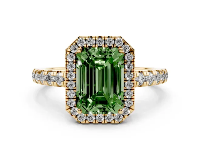 Fancy Green Emerald Cut Diamond Halo Ring Set in Yellow gold with Delicate Pavé Band and Prong Setting