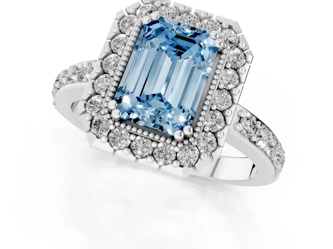 Fancy Blue Emerald Cut Diamond Halo Ring Set in White gold with Pavé Shank and Prong Setting – second view