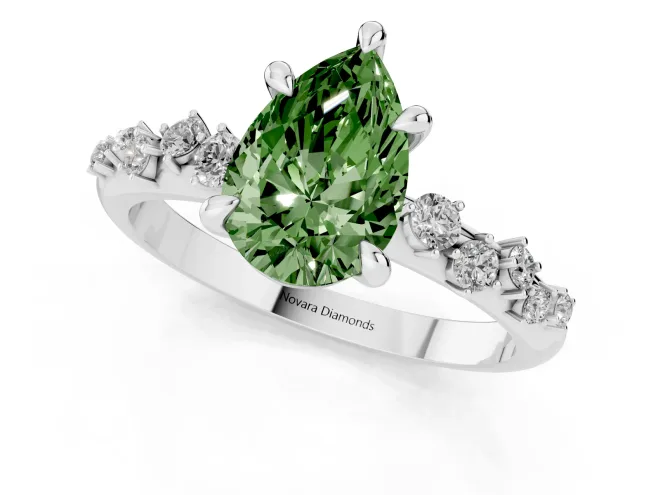 Fancy Green Pear Cut Diamond Solitaire Vine Band Ring Set in White gold with Round Accents and Prong Setting – second view