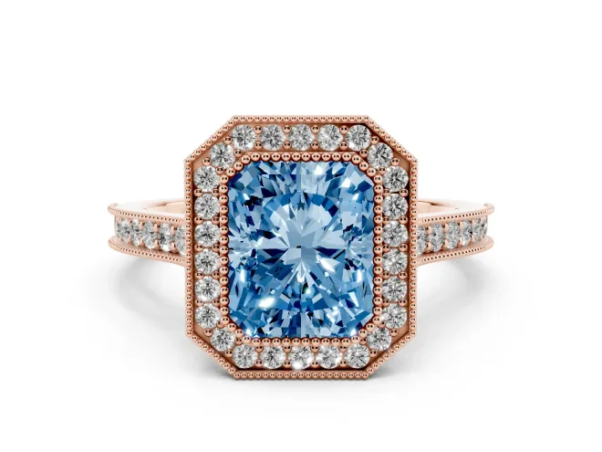 Radiant Cut Vintage Milgrain Halo Engagement Ring Setting for a Fancy Blue Lab-Grown Diamond | Bezel Head | Rose Gold